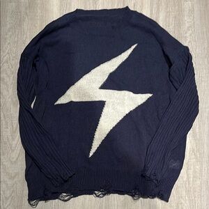 Blue and White Crew Neck Sweater with Lightning Bolt Design